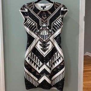 Express sequined dress. Black, gold and white minidress. Size S